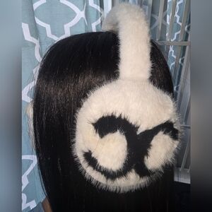 Canal Chic White Ivory & Black Inital Furry Earmuffs